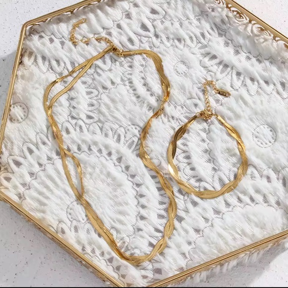Braided New Herringbone Necklace Bracelet
 Gold 18K plated Set Stainless Steel - Picture 7 of 14